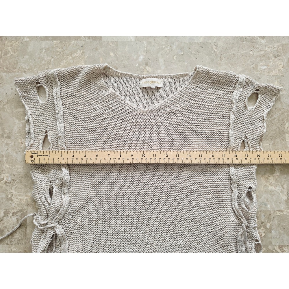 MARA GIBBUCCI Beige Lagenlook V-Neck Knit Top Side Tie Tassels Open Stitch M - Picture 15 of 16